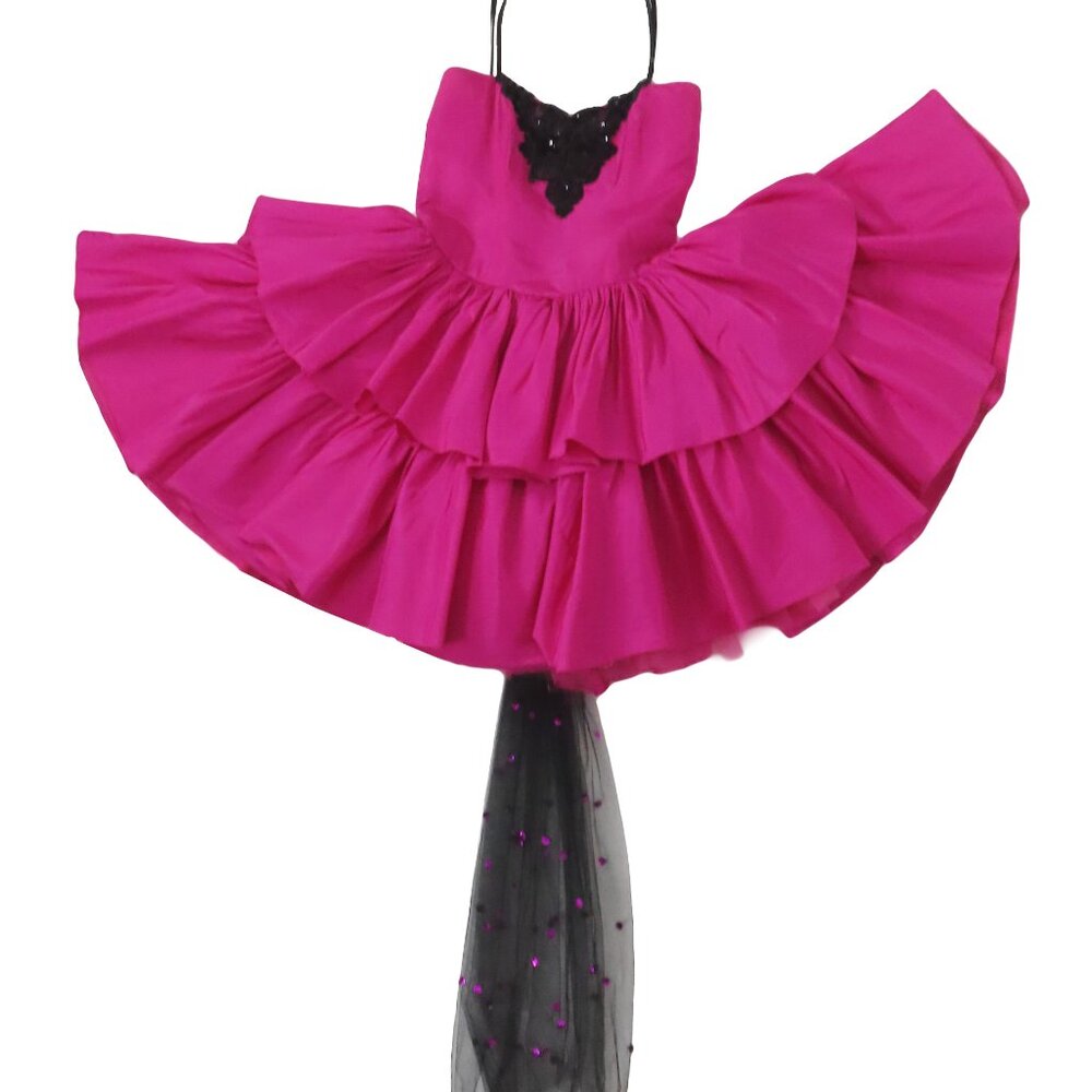 Vintage 80s Pink Black Beaded Tiered Full Skirt Prom Cocktail Party Dress S M - Picture 7 of 14